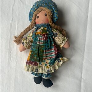 Vintage Holly Hobbie 9” Rag Doll with patchwork dress